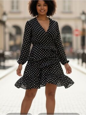 Black Polka Dot Wrap Mini Dress with Ruffle Hem